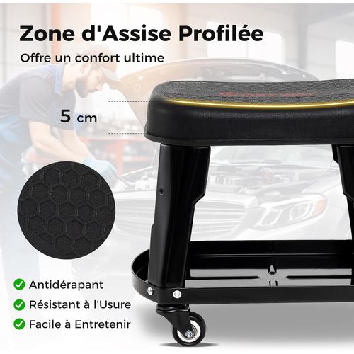 Tabouret D'atelier Roulant Avec Rangement, Siège De Mécanicien Amovible Avec Plateau, Noir