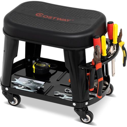 Tabouret D'atelier Roulant Avec Rangement, Siège De Mécanicien Amovible Avec Plateau, Noir