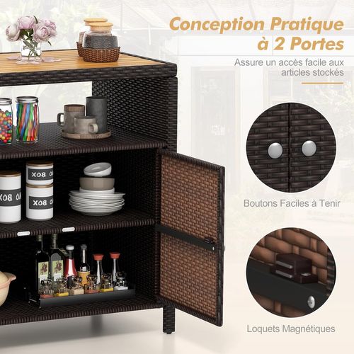 Armoire De Rangement Exterieur En Rotin, Armoire De Jardin Avec Plateau En Bois D'acacia (gris)