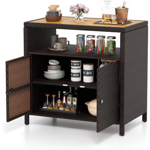 Armoire De Rangement Exterieur En Rotin, Armoire De Jardin Avec Plateau En Bois D'acacia (gris)