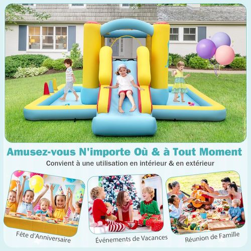 7 En 1 Château Gonflable Avec Toboggan Et Maison De Saut, Aire De Jeux Gonflable, Charge 90kg