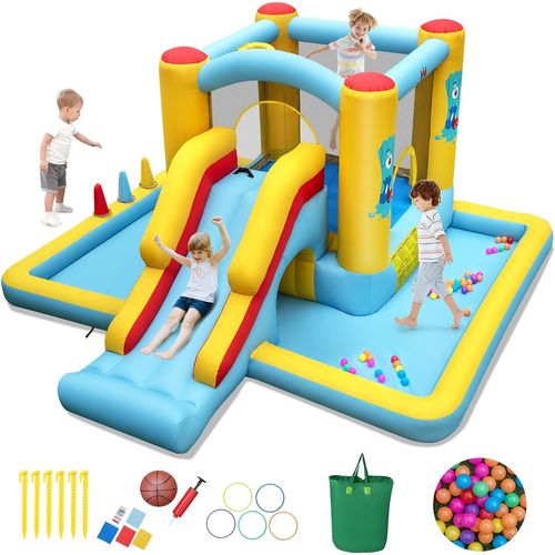 7 En 1 Château Gonflable Avec Toboggan Et Maison De Saut, Aire De Jeux Gonflable, Charge 90kg