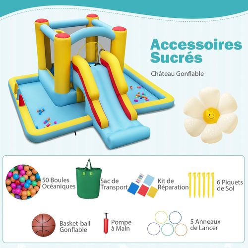 7 En 1 Château Gonflable Avec Toboggan Et Maison De Saut, Aire De Jeux Gonflable, Charge 90kg