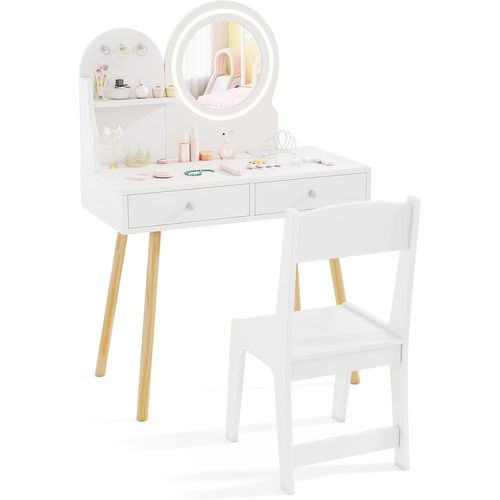 Coiffeuse Enfant Fille Avec Chaise Et Miroir Éclairé LED, Bureau Enfant Fille, Charge 50/75kg, Blanc
