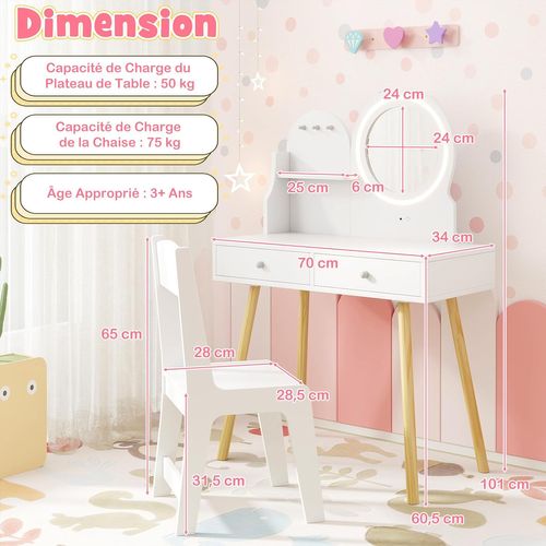 Coiffeuse Enfant Fille Avec Chaise Et Miroir Éclairé LED, Bureau Enfant Fille, Charge 50/75kg, Blanc