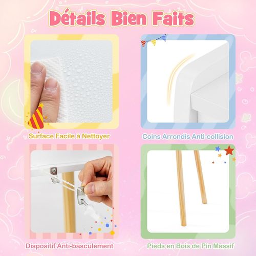 Coiffeuse Enfant Fille Avec Chaise Et Miroir Éclairé LED, Bureau Enfant Fille, Charge 50/75kg, Blanc