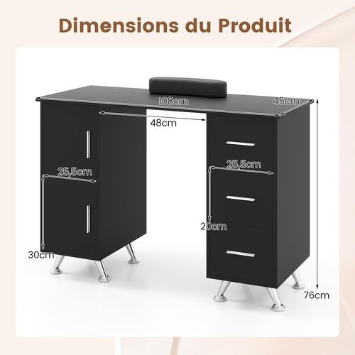 Table De Manucure Professionnelle Avec 2 Armoires 3 Tiroirs 90 X 43 X 74 Cm (noir)