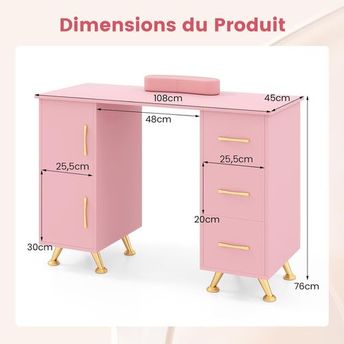 Table De Manucure Professionnelle Avec 2 Armoires 3 Tiroirs 90 X 43 X 74 Cm (rose)