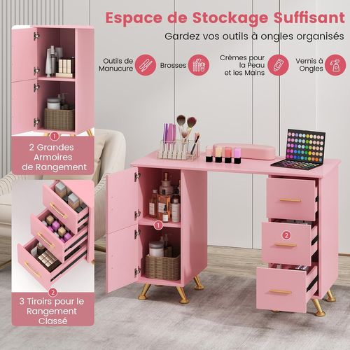 Table De Manucure Professionnelle Avec 2 Armoires 3 Tiroirs 90 X 43 X 74 Cm (rose)