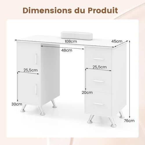 Table De Manucure Professionnelle Avec 2 Armoires 3 Tiroirs 90 X 43 X 74 Cm (blanc)