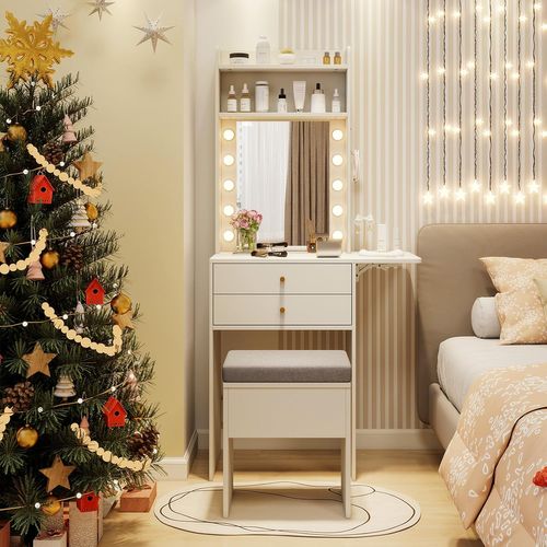 Petite Coiffeuse Avec Miroir Et Tabouret, Coiffeuse Avec Rangement, Lumières, 72 X 39 X 151 Cm