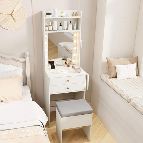 Petite Coiffeuse Avec Miroir Et Tabouret, Coiffeuse Avec Rangement, Lumières, 72 X 39 X 151 Cm - Coiffeuse BUT