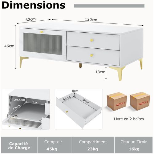 Meuble TV 2 Tiroirs, Meuble Pour Télé De 55 Pouces, Console TV 47,5", 120 X 62 X 46 Cm