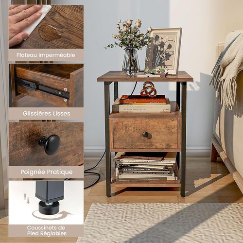 Table De Chevet Connectée, Table De Chevet Avec Prise 3 Niveaux, Etagères Ouvertes, Tiroir (2)