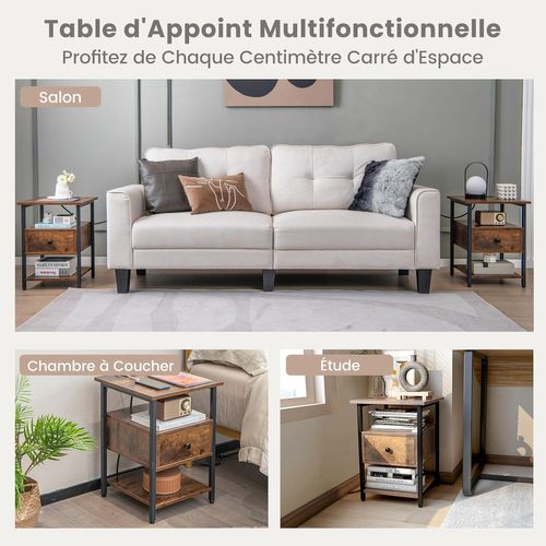 Table De Chevet Connectée, Table De Chevet Avec Prise 3 Niveaux, Etagères Ouvertes, Tiroir (2)