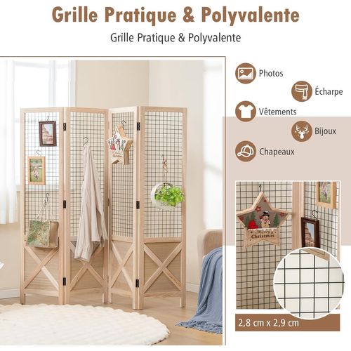 Paravent Interieur 4 Panneaux 151 X 144 Cm, Separateur De Pieces Pliable, Bois En Paulownia, Naturel