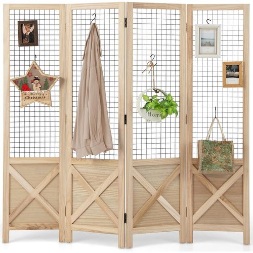 Paravent Interieur 4 Panneaux 151 X 144 Cm, Separateur De Pieces Pliable, Bois En Paulownia, Naturel