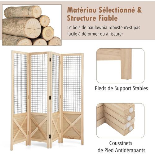 Paravent Interieur 4 Panneaux 151 X 144 Cm, Separateur De Pieces Pliable, Bois En Paulownia, Naturel