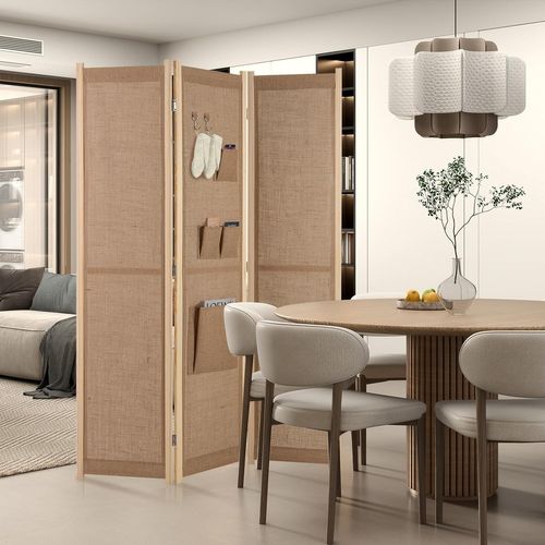 Paravent Interieur 3 Panneaux 121 X 170 Cm, Separateur De Pieces Pliable, Lin Synthétique, Naturel