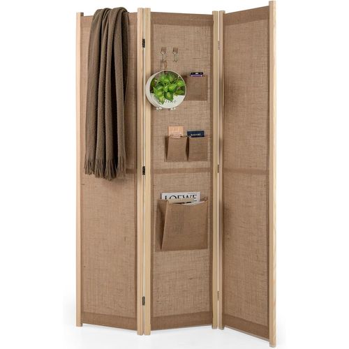 Paravent Interieur 3 Panneaux 121 X 170 Cm, Separateur De Pieces Pliable, Lin Synthétique, Naturel