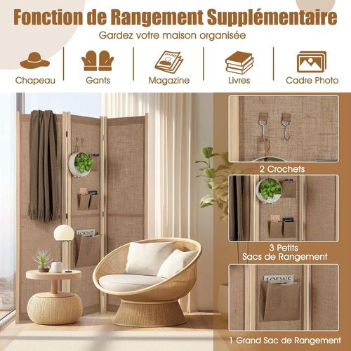 Paravent Interieur 3 Panneaux 121 X 170 Cm, Separateur De Pieces Pliable, Lin Synthétique, Naturel