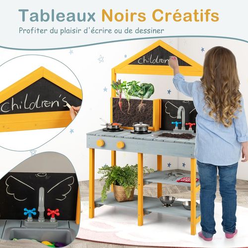Cuisine Extérieure Enfant Avec Tableau Noir et Jardinière,evier Amovible,69 X 36 X 110 Cm