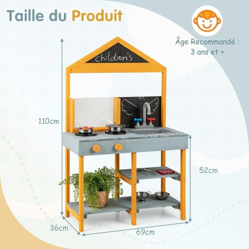 Cuisine Extérieure Enfant Avec Tableau Noir et Jardinière,evier Amovible,69 X 36 X 110 Cm