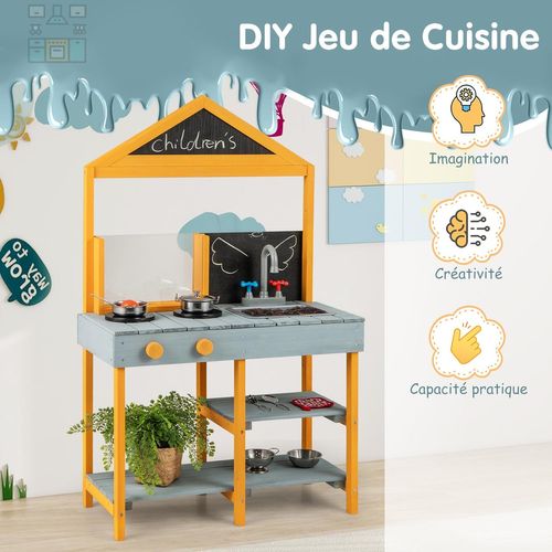 Cuisine Extérieure Enfant Avec Tableau Noir et Jardinière,evier Amovible,69 X 36 X 110 Cm