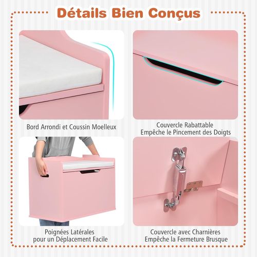 Coffre à Jouets En Bois Enfant Avec Coussin et Couvercle Rabattable, 74 X 39 X 52 Cm,rose