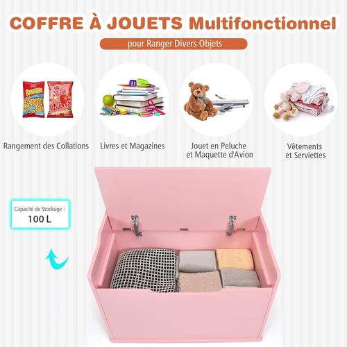 Coffre à Jouets En Bois Enfant Avec Coussin et Couvercle Rabattable, 74 X 39 X 52 Cm,rose