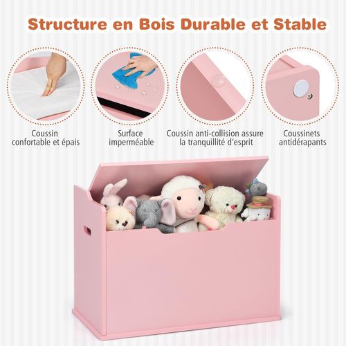 Coffre à Jouets En Bois Enfant Avec Coussin et Couvercle Rabattable, 74 X 39 X 52 Cm,rose
