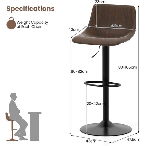 Lot De 2 Tabourets De Bar Pivotant, Chaise De Bar En Tissu Technique, Hauteur Réglable