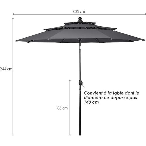 Parasol Extérieur De 3m à 3 Niveaux, Parasol De Patio Auto-inclinable Double Ventilation (gris)