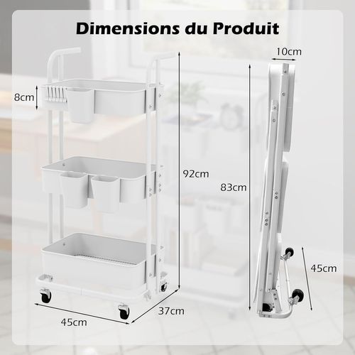 Chariot De Rangement à Roulettes, Desserte à 3 Niveaux, 3 Gobelets, 6 Crochets, 45 × 37 × 92 Cm