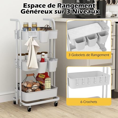 Chariot De Rangement à Roulettes, Desserte à 3 Niveaux, 3 Gobelets, 6 Crochets, 45 × 37 × 92 Cm