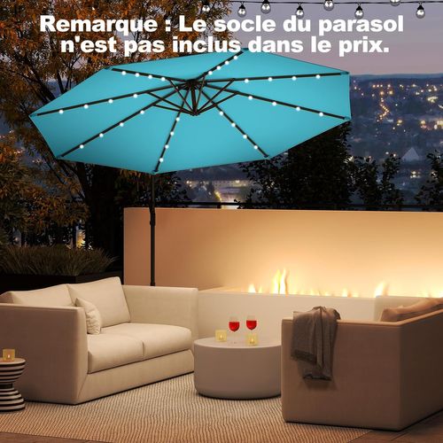 Parasol Déporté Excentré 3m, 32 LED Solaire, Inclinable Et Rotation à 360°, 8 Baleines (turquoise)