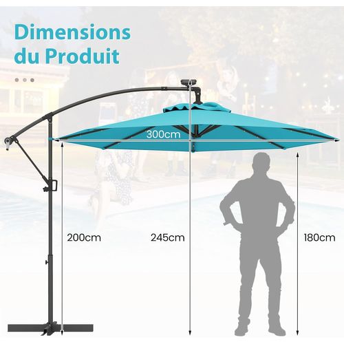 Parasol Déporté Excentré 3m, 32 LED Solaire, Inclinable Et Rotation à 360°, 8 Baleines (turquoise)