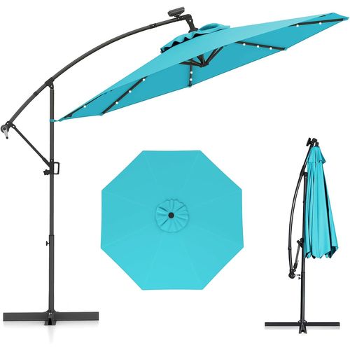 Parasol Déporté Excentré 3m, 32 LED Solaire, Inclinable Et Rotation à 360°, 8 Baleines (turquoise)