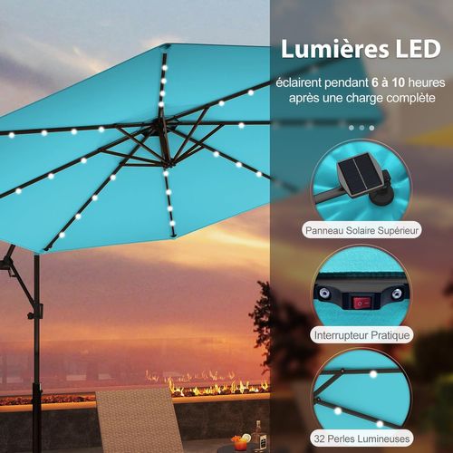 Parasol Déporté Excentré 3m, 32 LED Solaire, Inclinable Et Rotation à 360°, 8 Baleines (turquoise)