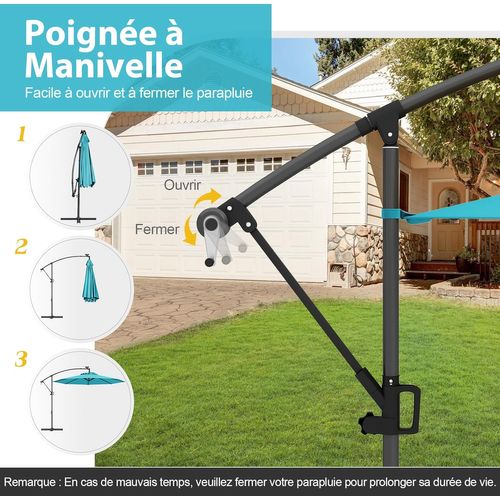 Parasol Déporté Excentré 3m, 32 LED Solaire, Inclinable Et Rotation à 360°, 8 Baleines (turquoise)