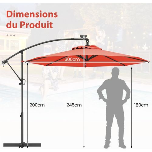 Parasol Déporté Excentré 3m, 32 LED Solaire, Inclinable Et Rotation à 360°, 8 Baleines (orange)