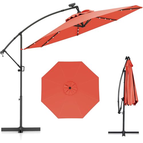 Parasol Déporté Excentré 3m, 32 LED Solaire, Inclinable Et Rotation à 360°, 8 Baleines (orange)
