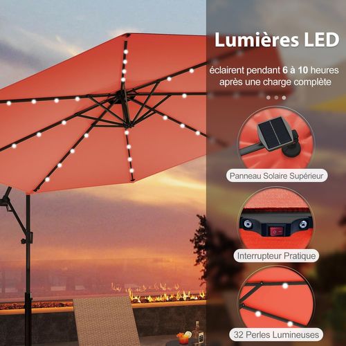 Parasol Déporté Excentré 3m, 32 LED Solaire, Inclinable Et Rotation à 360°, 8 Baleines (orange)