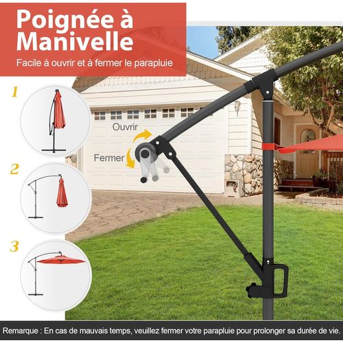 Parasol Déporté Excentré 3m, 32 LED Solaire, Inclinable Et Rotation à 360°, 8 Baleines (orange)