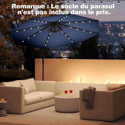 Parasol Déporté Excentré 3m, 32 LED Solaire, Inclinable Et Rotation à 360°, 8 Baleines (marine)