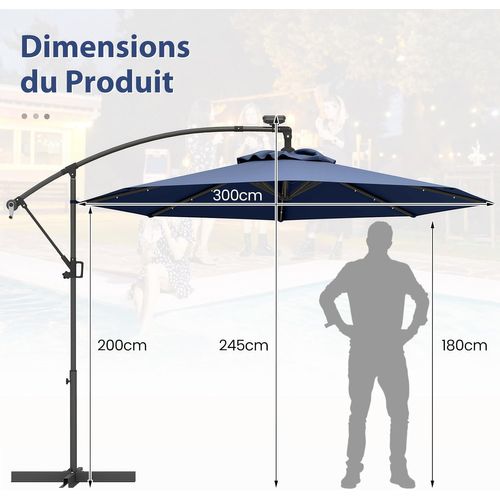 Parasol Déporté Excentré 3m, 32 LED Solaire, Inclinable Et Rotation à 360°, 8 Baleines (marine)