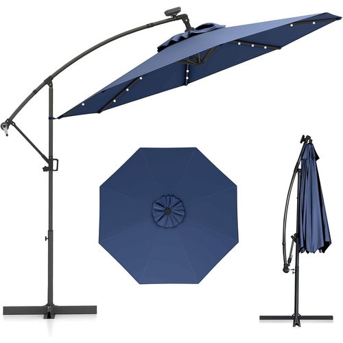 Parasol Déporté Excentré 3m, 32 LED Solaire, Inclinable Et Rotation à 360°, 8 Baleines (marine)