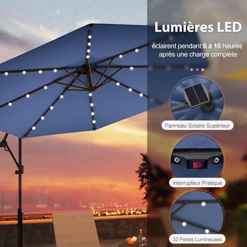 Parasol Déporté Excentré 3m, 32 LED Solaire, Inclinable Et Rotation à 360°, 8 Baleines (marine)