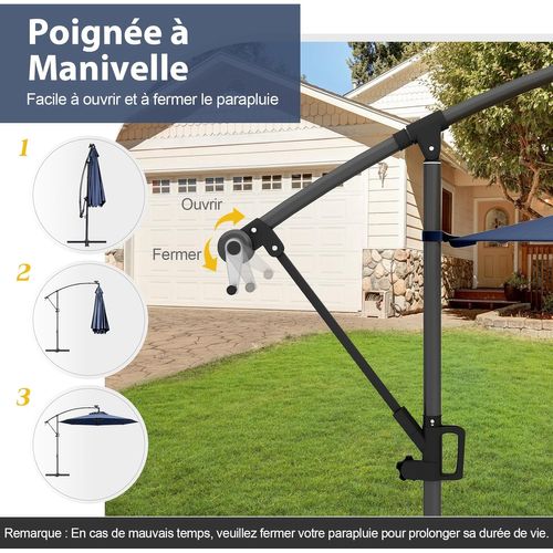 Parasol Déporté Excentré 3m, 32 LED Solaire, Inclinable Et Rotation à 360°, 8 Baleines (marine)