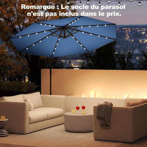 Parasol Déporté Excentré 3m, 32 LED Solaire, Inclinable Et Rotation à 360°, 8 Baleines (bleu)
